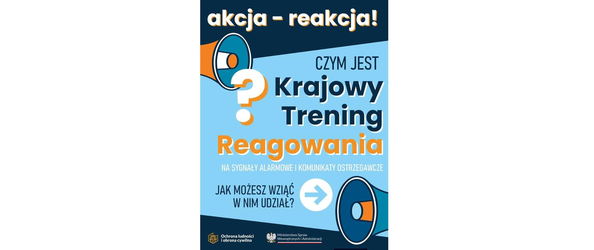 Grafika informacyjna z nagłówkiem „akcja – reakcja!” promująca Krajowy Trening Reagowania na sygnały alarmowe i komunikaty ostrzegawcze. Na obrazie widoczne są dwa duże, stylizowane megafony oraz wielki, biały znak zapytania nad tekstem. Duże, wyraźne napisy po polsku zadają pytania: „CZYM JEST Krajowy Trening Reagowania?” oraz „JAK MOŻESZ WZIĄĆ W NIM UDZIAŁ?”. Pod spodem znajduje się biała strzałka w kółku skierowana w prawo. Na dole widnieją logotypy Ochrony ludności i obrona cywilna oraz Ministerstwa Spraw Wewnętrznych i Administracji.