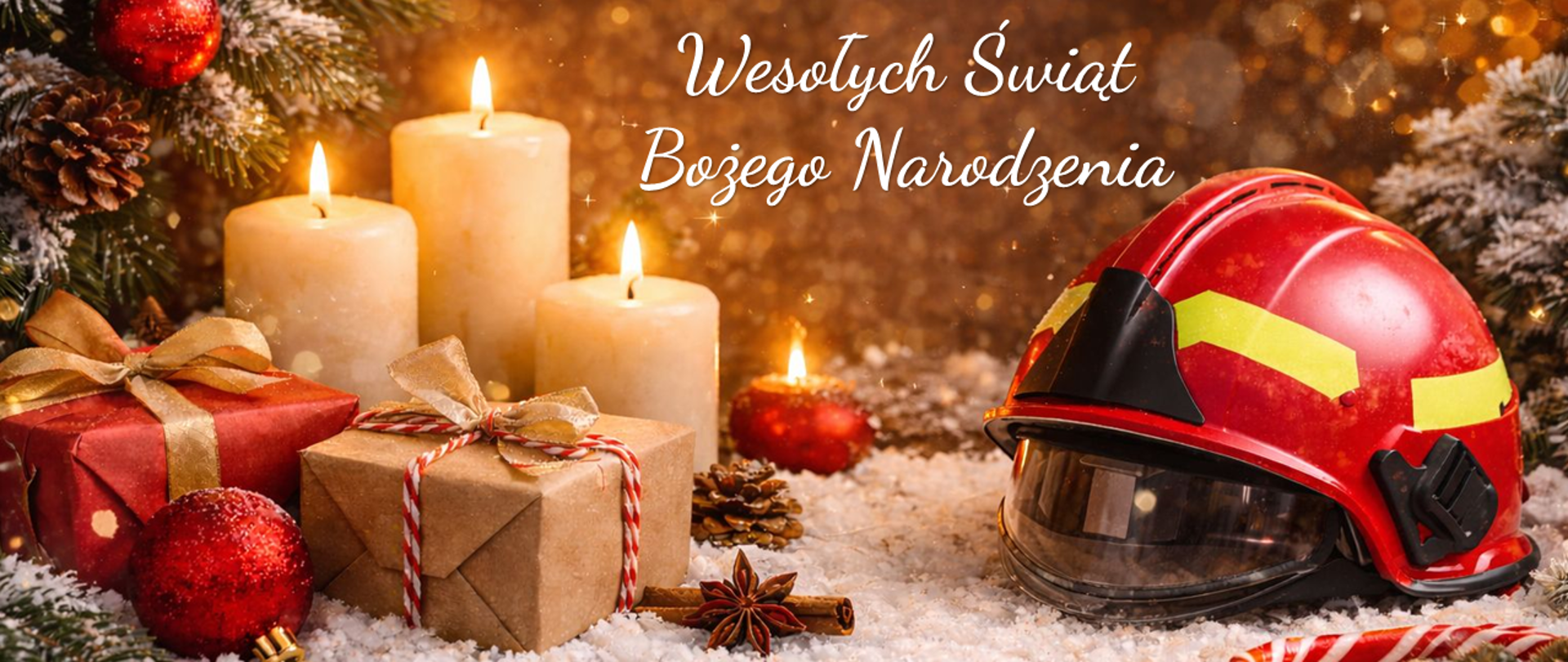 Świąteczna scena zimowa: zapalone świece, prezenty i gałąź choinki po lewej stronie oraz czerwony hełm strażacki na śniegu po prawej, na tle ciepłych świateł.