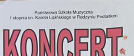 Plakat ze złotą gitarą w prawym dolnym rogu, w centralnej części czerwone i czarny tekst z informacjami na temat koncertu