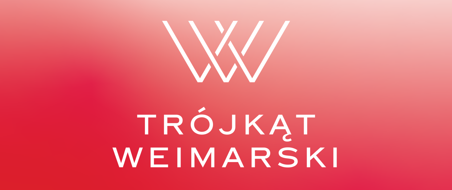 Oficjalne logo „Trójkąta Weimarskiego” na czerwonym, tonalnym tle. Grafika składa się z abstrakcyjnego, białego znaku z trzema V-kształtnymi liniami oraz białego podpisu „TRÓJKĄT WEIMARSKI” poniżej, w dwóch wierszach.