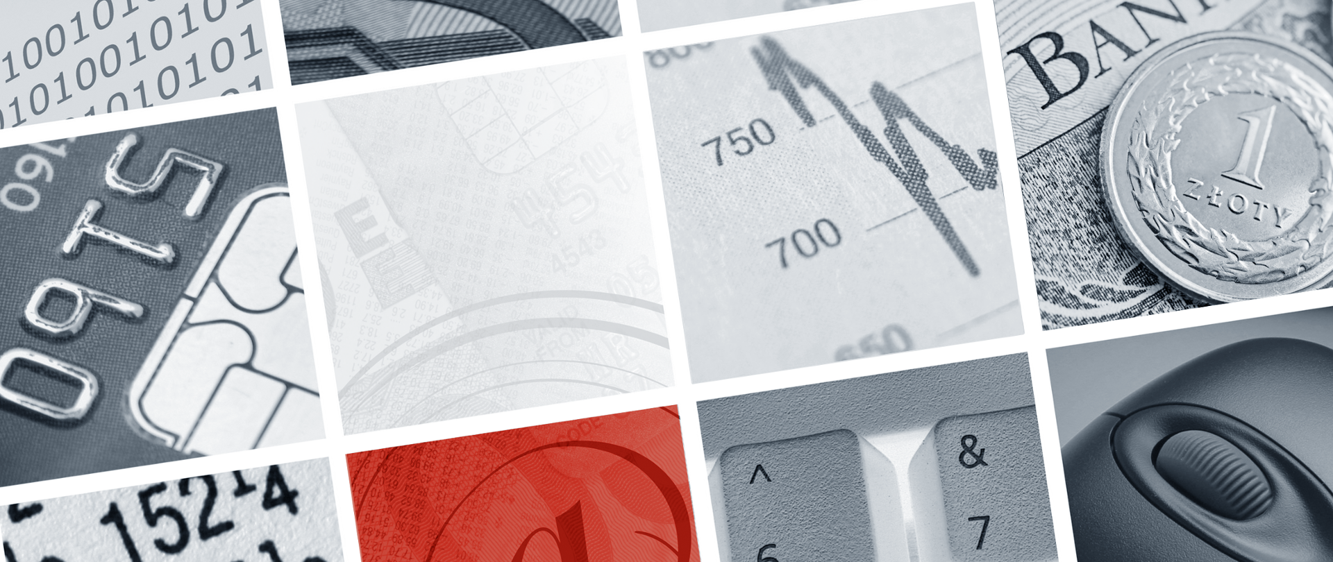 Kolaż różnych obrazków, m. in. ze złotówką, myszką do komputera, fragmentem klawiatury