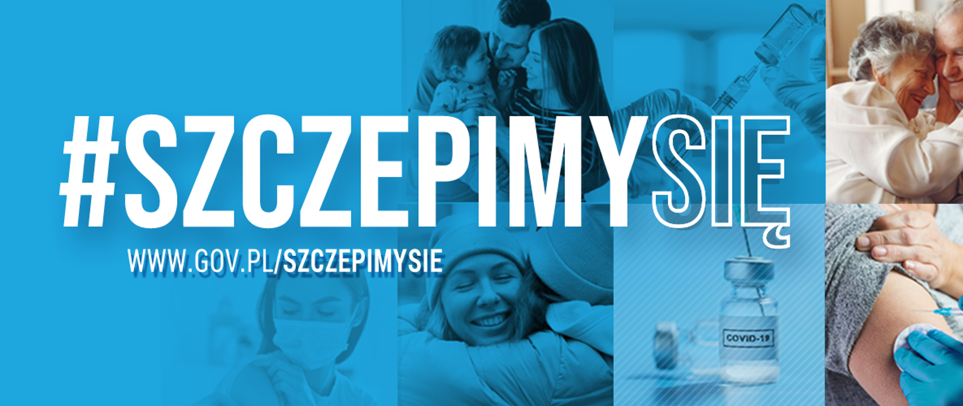 Zdjęcia szczepiących się osób na niebieskim tle. Na środku duży napis Szczepimy się