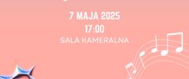  Różowe tło na plakacie, na dole biały napis informujący o koncercie klasy fletu oraz pięciolinia z nutami.