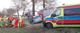 Na zdjęciu widać strażaków, którzy za czerwonym parawanem osłaniającym prowadzą resuscytację krążeniowo-oddechową poszkodowanego kierowcy. Widać tył rozbitego samochodu osobowego, natomiast po prawej stronie widać pojazdy ratunkowe Pogotowia oraz Straży Pożarnej