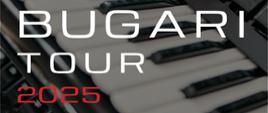 Zbliżenie na klawisze i przyciski akordeonu, które są tłem plakatu informującego o koncercie i warsztatach Bugariego Tour 2025, odbywających się 21 listopada w Państwowej Szkole Muzycznej im. I. J. Paderewskiego w Stalowej Woli.