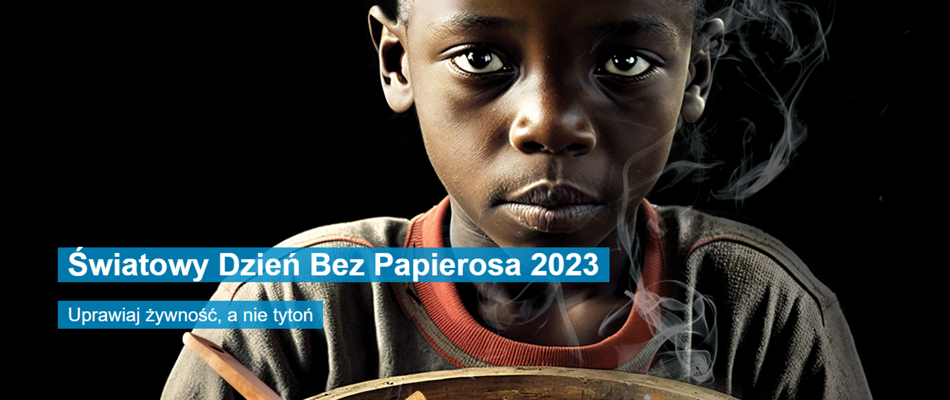Czarne tło, dziecko trzymające miskę z papierosami, napis o treści Światowy Dzień Bez Papierosa 2023, Uprawiaj żywność, a nie tytoń