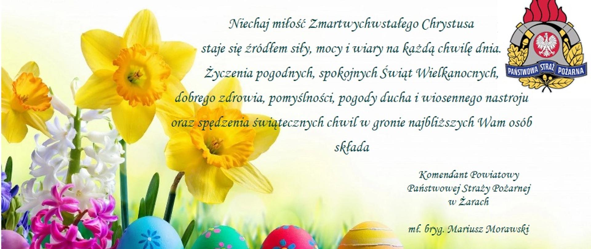 Kartka ż życzeniami świątecznymi. tekst i kolorowe pisanki