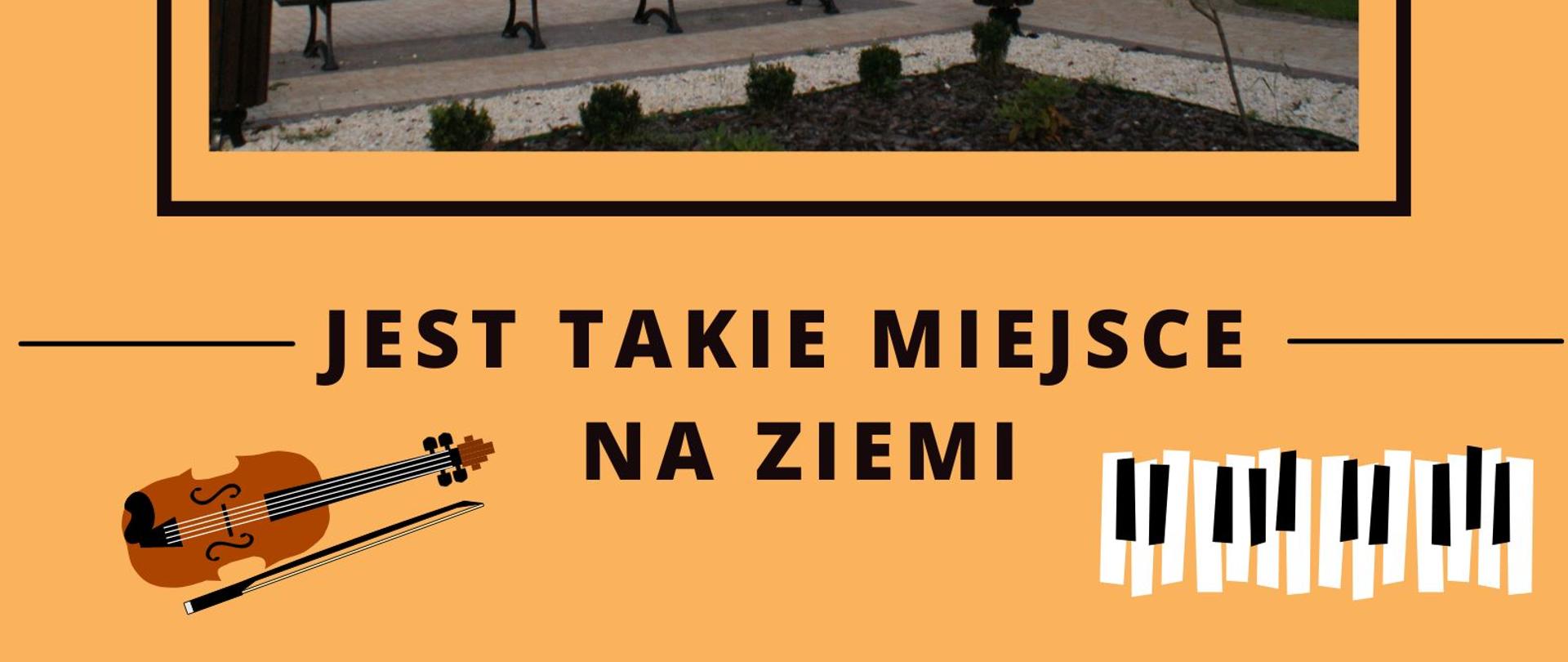 Na pomarańczowym tle w nagłówku falująca pięciolinia z nutami oraz ideogramy gitary i fortepianu. Pod nimi czarny napis. W centralnej części zdjęcie budynku szkoły muzycznej otoczone czarną ramką. W stopce ideogram skrzypiec i klawiatury fortepianowej oraz czarny napis.