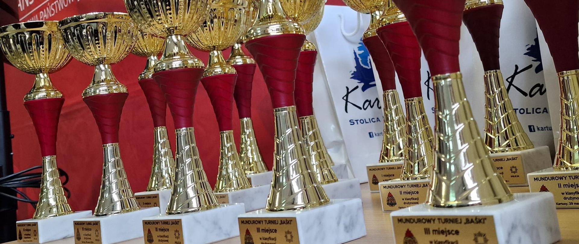 Zdjęcie przedstawia puchary, które były nagrodą za osiągniecie miejsc na podium
