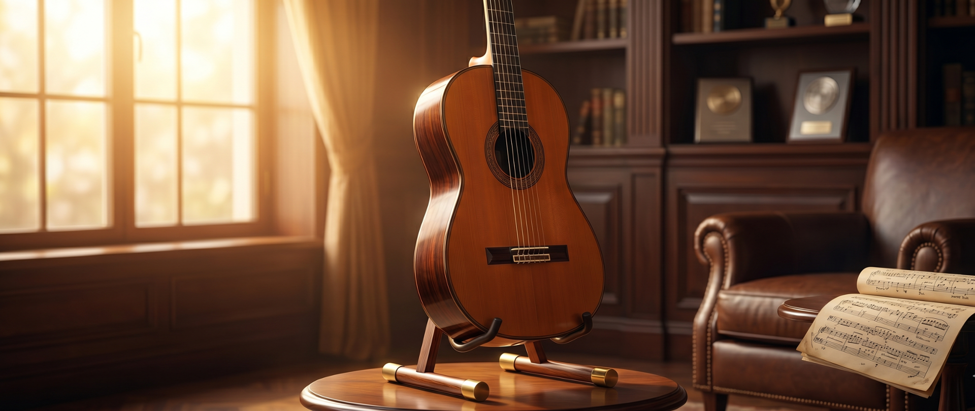 Zdjęcie przedstawiające gitarę klasyczną, po lewej okno za gitarą regał z książkami, po prawej fotel z nutami