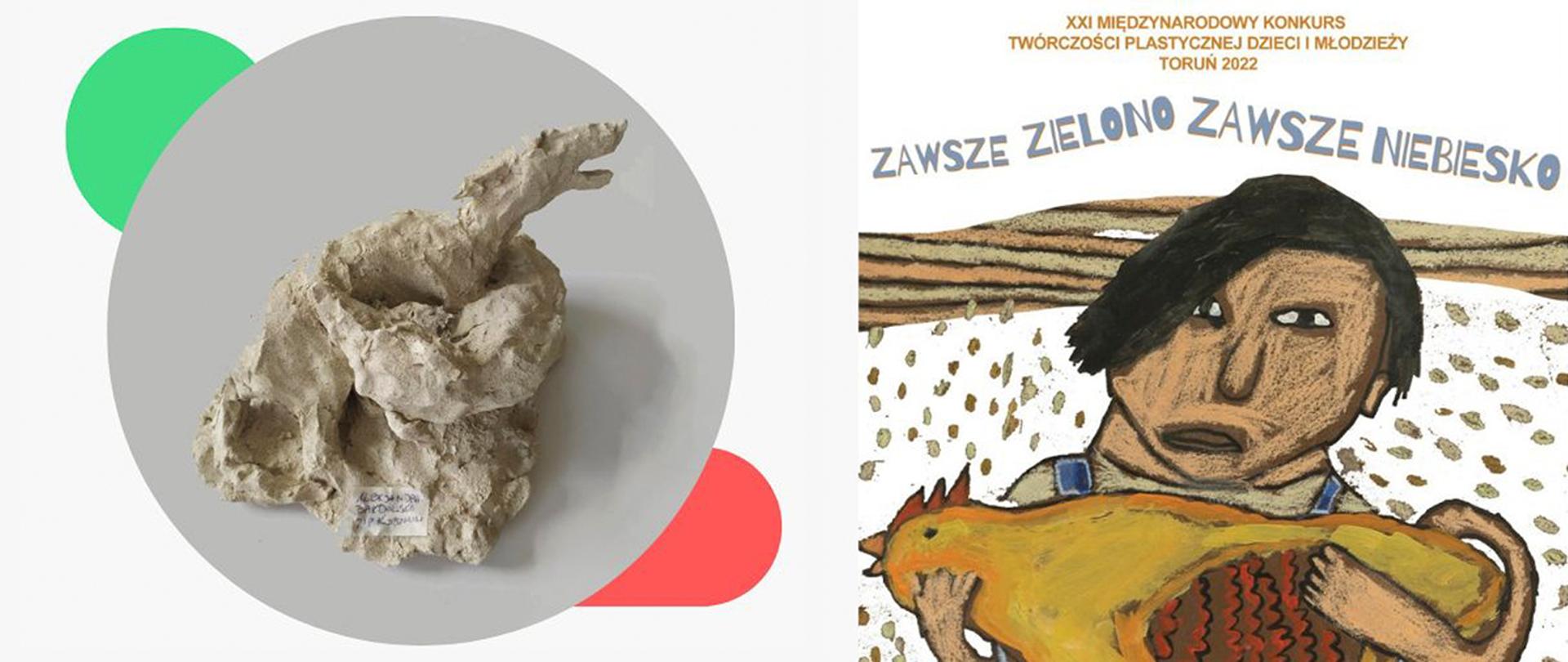 Po lewej stronie w kole fotografia rzeźby, dwóch skręconych ze sobą wilków. Obok dwa ozdobniki zielone koło u góry, czerwony prostokąt zakończony kołem na dole. Po prawej plakat informujący o konkursie, tytuł konkursu XXI Międzynarodowy Konkurs Twórczości Plastycznej Dzieci i Młodzieży „Zawsze Zielono, Zawsze Niebiesko”. Na plakacie narysowane dziecko trzymające kurę.