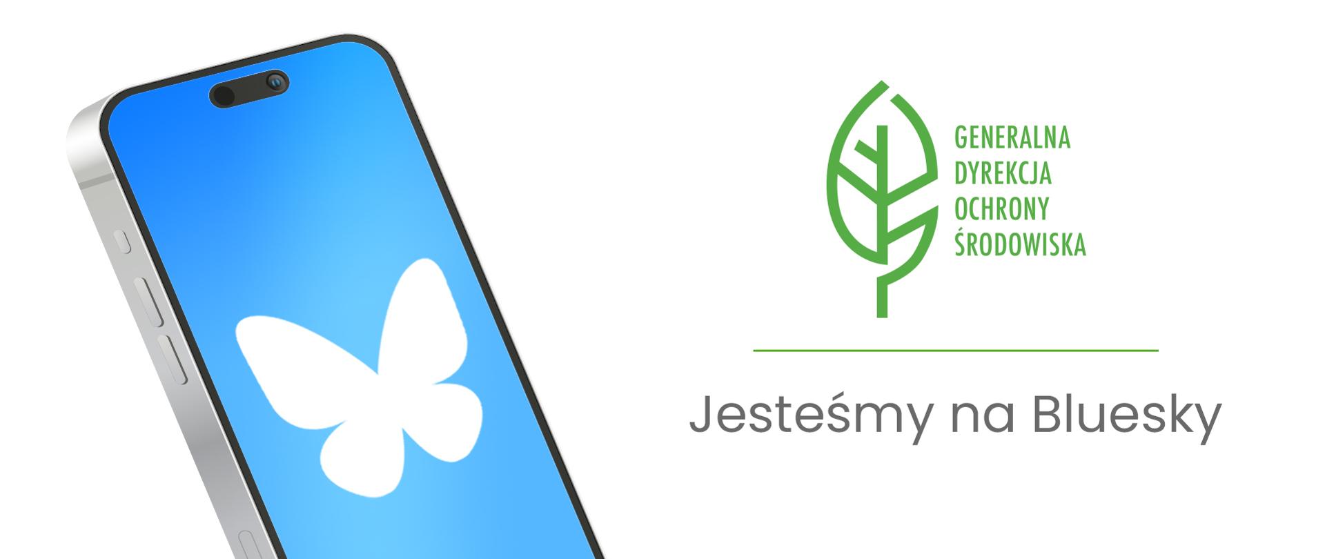 Napis Jesteśmy na Bluesky i telefon komórkowy. Na wyświetlaczu biały motyl na niebieskim tle. 