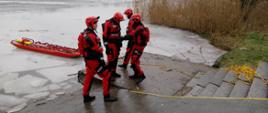 Strażacy w czerwonych skafandrach stoją na betonowym zejściu do wody, za nimi na lodzie leżą sanie lodowe. Po prawej stronie brzeg stawu z suchą trzciną. W oddali tafla lodu, a za nią las.