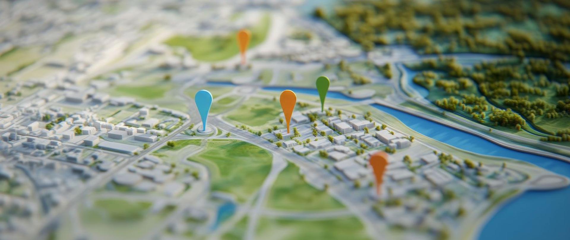 Ilustracja przedstawiająca makietę miasta z zaznaczonymi punktami