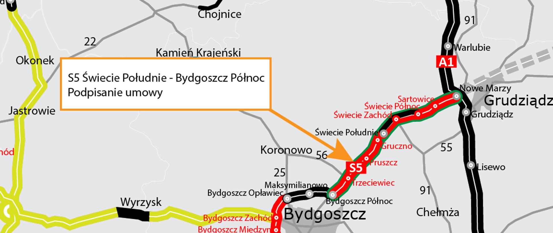 Kontynuacja budowy S5 Świecie Południe - Bydgoszcz Północ - mapa