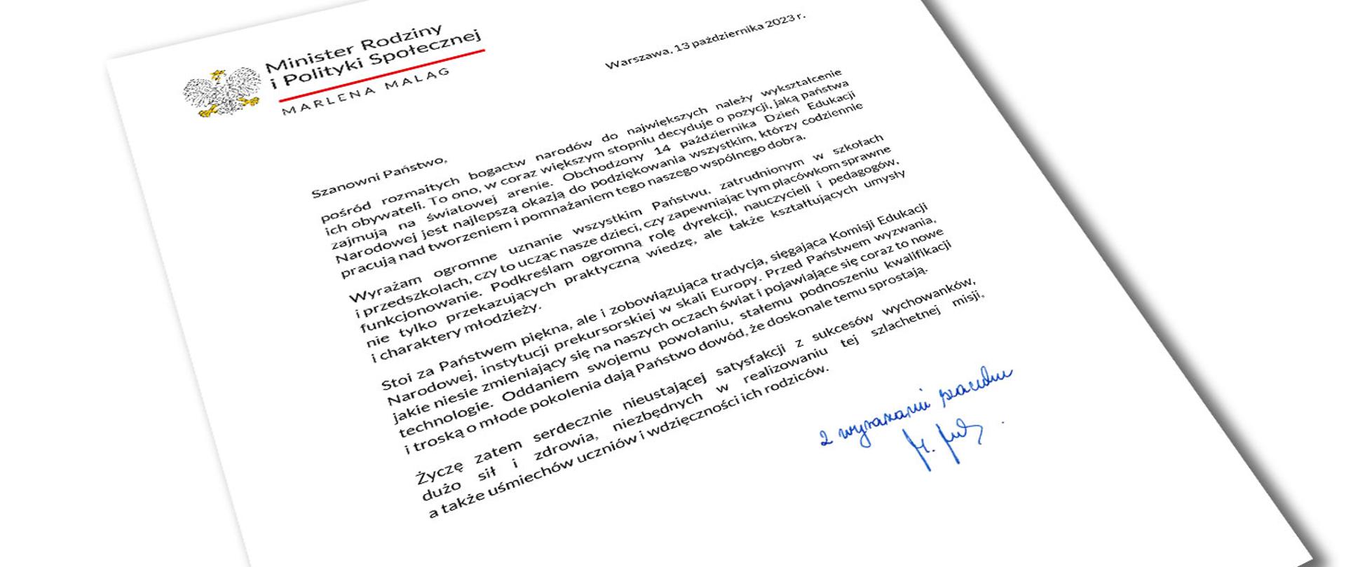 List minister Marleny Maląg z życzeniami z okazji Dnia Edukacji Narodowej