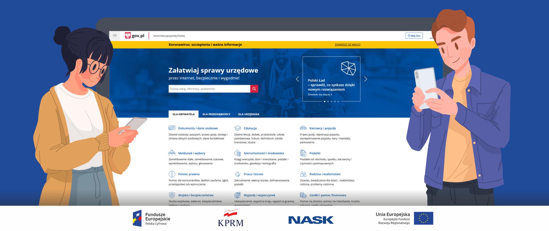 Kolorowa grafika wektorowa. Na głównym planie strona gov.pl, po bokach kobieta (z lewej strony) i mężczyzna (z prawej) z telefonami komórkowymi.