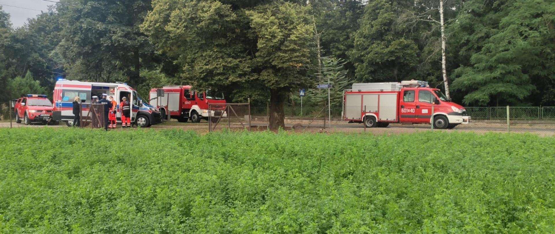 Zdjęcie przedstawia miejsce koncentracji służb biorących udział w wypadku (Straży Pożarnej, Policji i Pogotowia Ratunkowego)