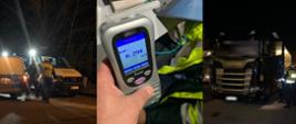 Od lewej: radiowozy Policji i ITD, alkomat z wynikiem badania trzeźwości kierowcy oraz ciężarówka zatrzymana do kontroli drogowej.