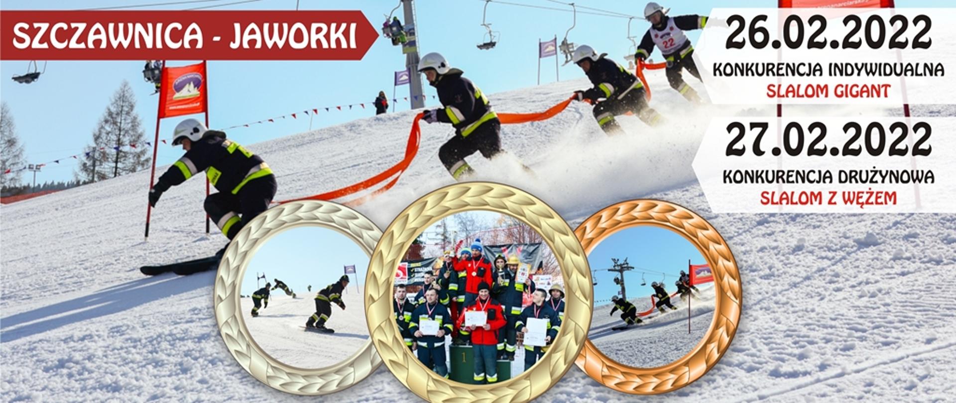 Plakat IX ogólnopolskich mistrzostw strażaków OSP w narciarstwie alpejskim i snowboardzie, na zdjęciu strażacy w ubraniach specjalnych pokonują slalom pomiędzy tyczkami, połączeni są ze sobą za pomocą węża strażackiego