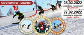Plakat IX ogólnopolskich mistrzostw strażaków OSP w narciarstwie alpejskim i snowboardzie, na zdjęciu strażacy w ubraniach specjalnych pokonują slalom pomiędzy tyczkami, połączeni są ze sobą za pomocą węża strażackiego