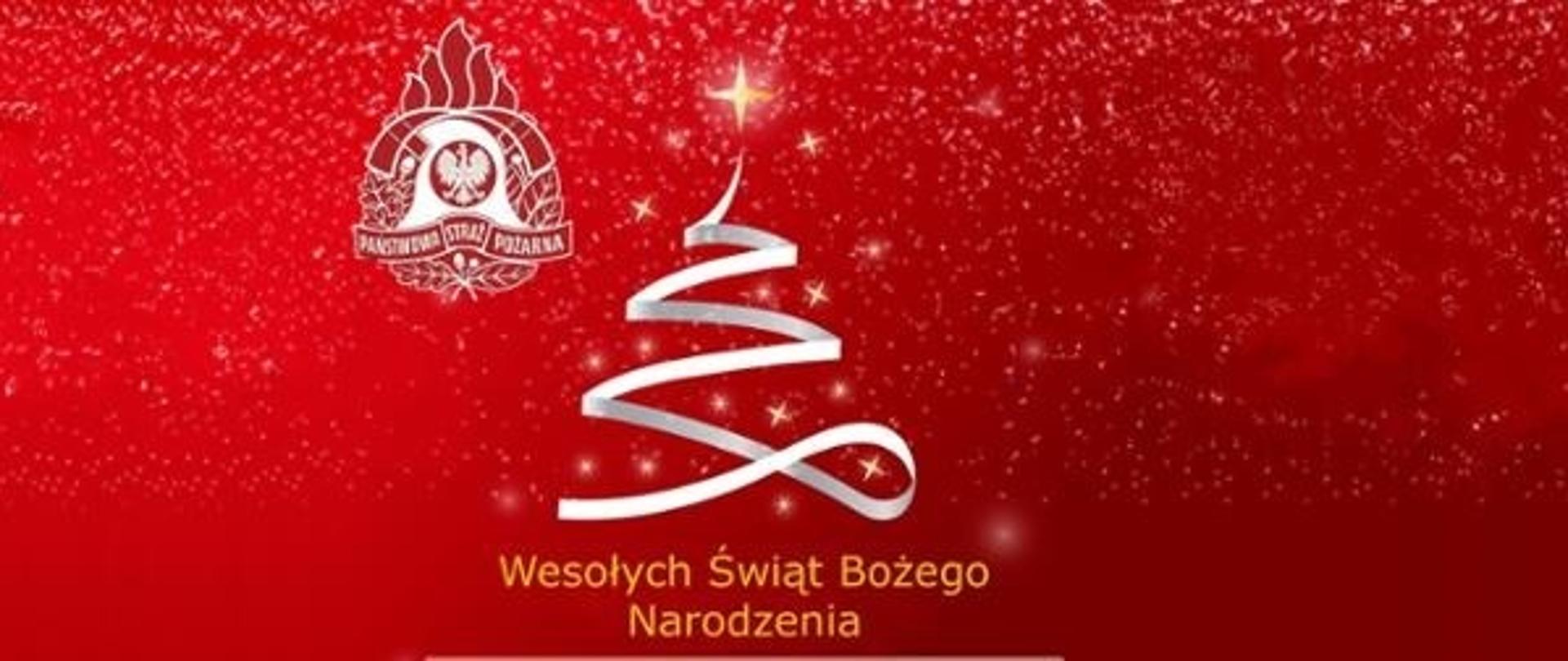 Choinka na czerownym tle a pod nią napis" Wesołych Świąt Bożego Narodzenia"
