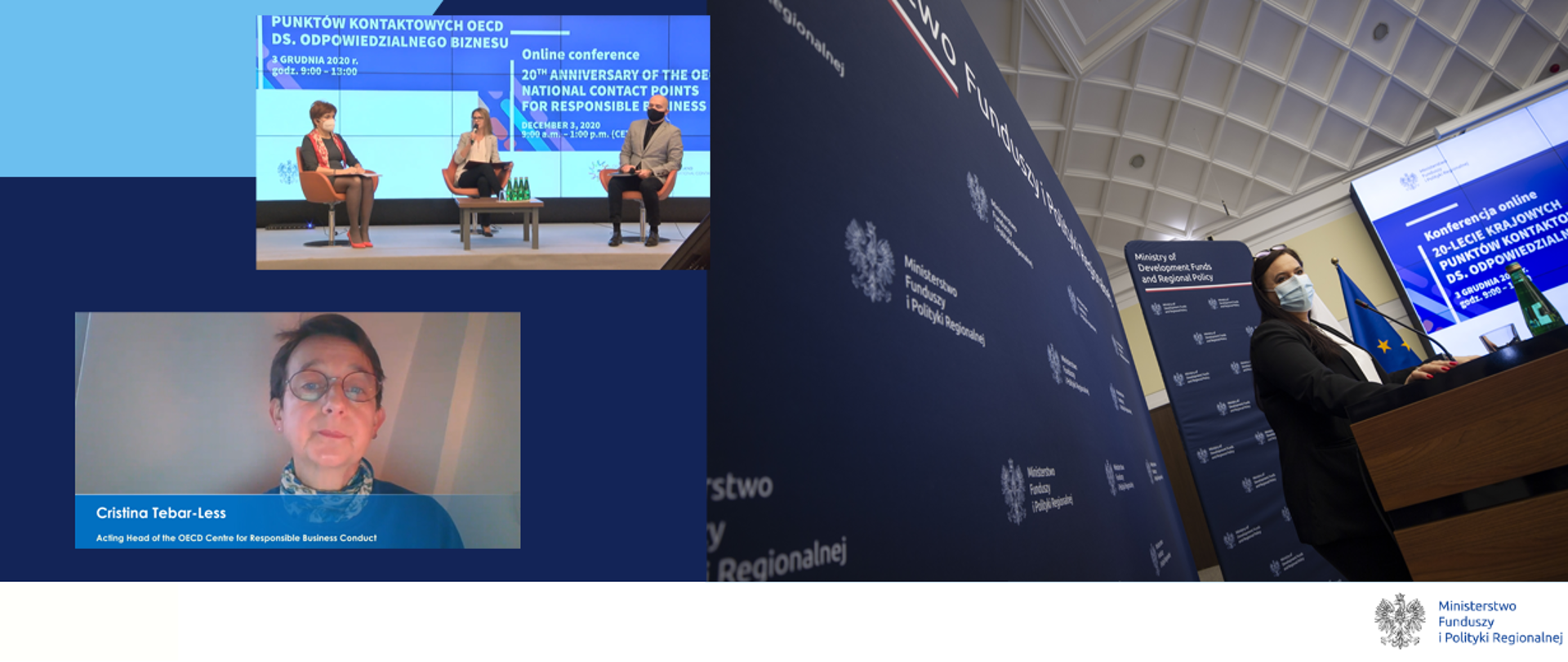 Na grafice screeny ekranu z uczestnikami zdalnej konferencji z okazji jubileuszu sieci Krajowych Punktów Kontaktowych OECD ds. odpowiedzialnego biznesu
