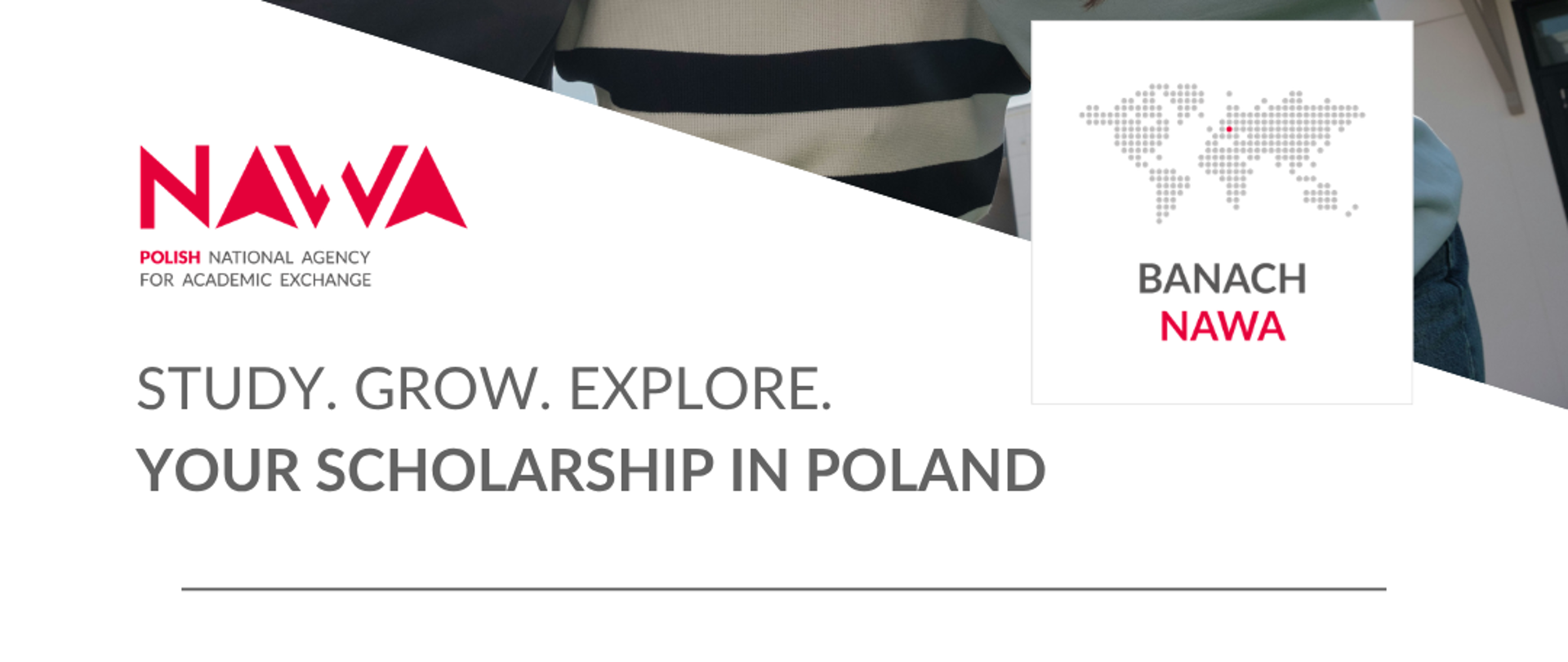 Plakat programu NAWA w tle uśmiechnięci studenci
