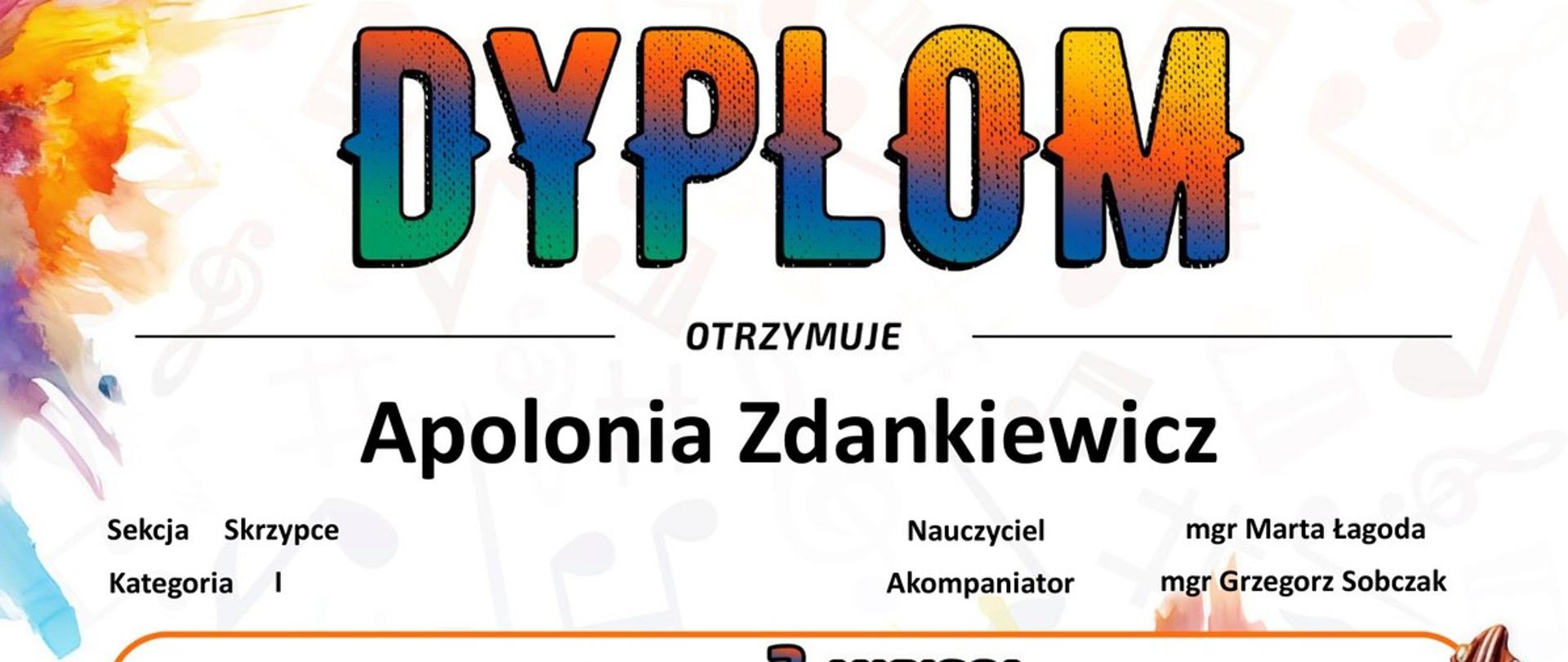 białe tło, czerwone i czarne napisy, logo Pizzicato IV Ogólnopolski Konkurs Instrumentów Smyczkowych dla uczniów klas skrzypiec, altówki, wiolonczeli i kontrabasu szkół muzycznych I i II stopnia PIZZICATO 2025, Kraków 07-12 grudnia 2025, dyplom za zajęcie II miejsca, Apolonia Zdankiewicz, sekcja skrzypce
