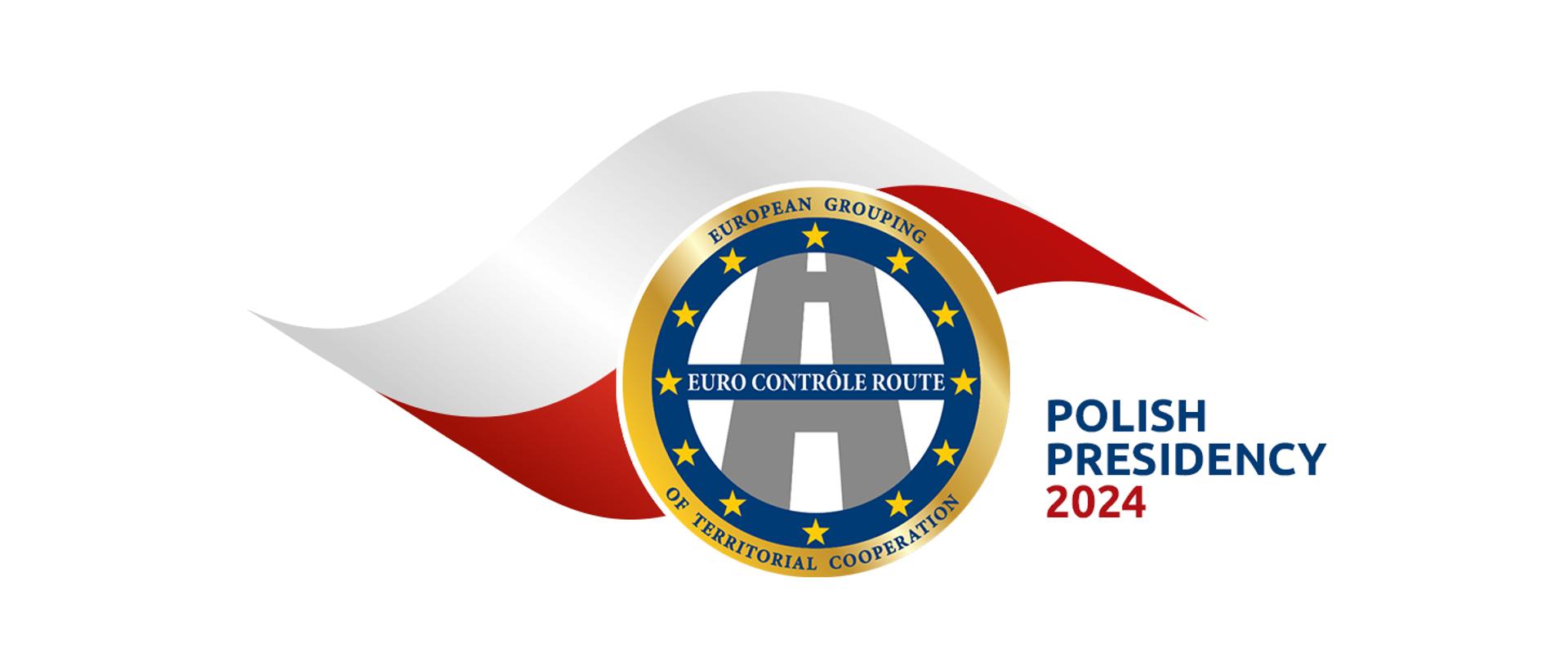 Logo Euro Contrôle Route z napisem European Grouping of territorial cooperation na tle polskiej flagi, obok podpis POLISH PRESIDENCY 2024