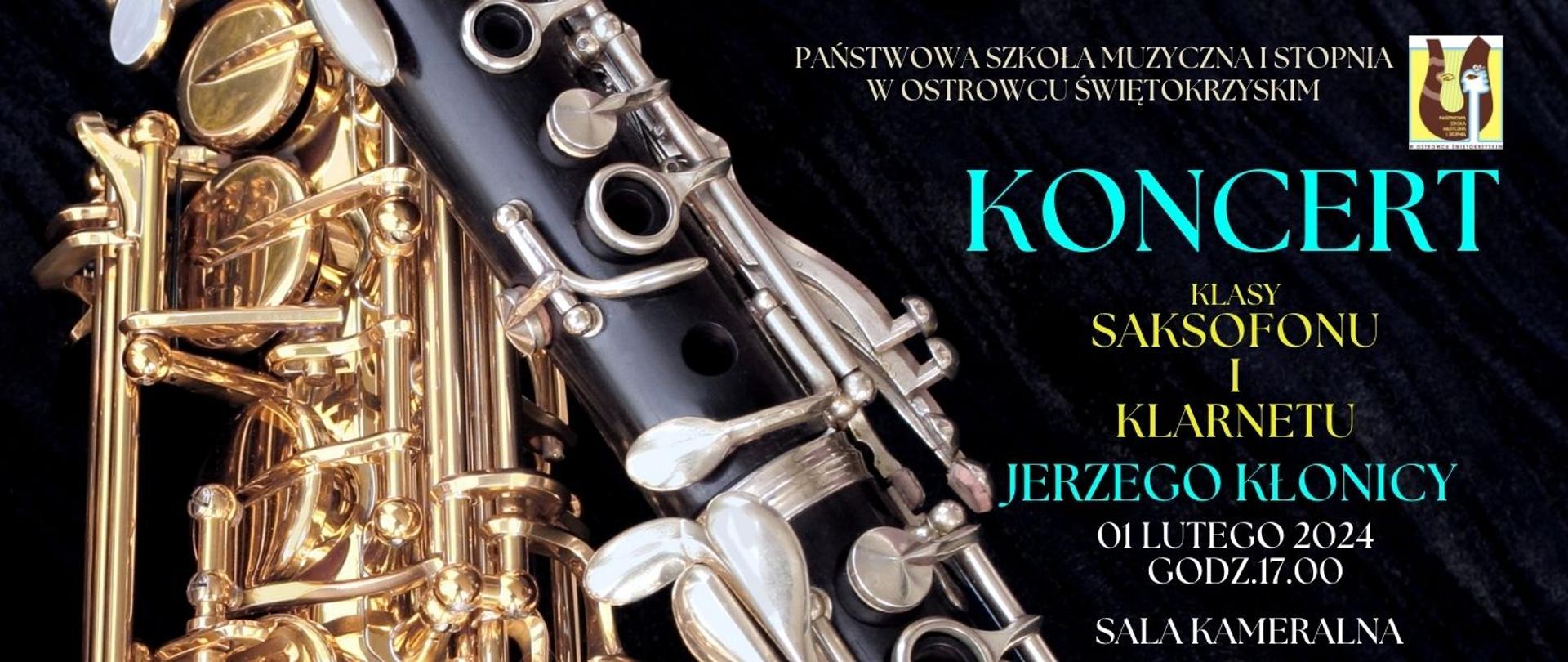 napisy w kolorze zielonym, żółtym i białym na tle w kolorze czarnym z saksofonem i klarnetem z logiem szkoły w lewym górnym rogu