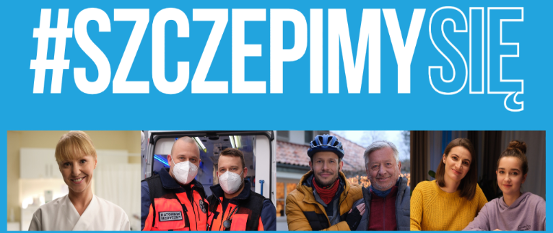 Zdjęcie przedstawia niebieski plakat z napisem "TO U NAS RODZINNE! #SzczepimySie". Na plakacie widać zadowolonych ludzi z różnych zawodów i w różnym wieku. Na plakacie podano adres strony internetowej zawierające rzetelne informacje na temat szczepień przeciwko COVID-19 adres strony: gov.pl/szczepimysie