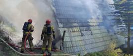 Rota strażaków podająca prąd wody na objęty pożarem domek letniskowy
