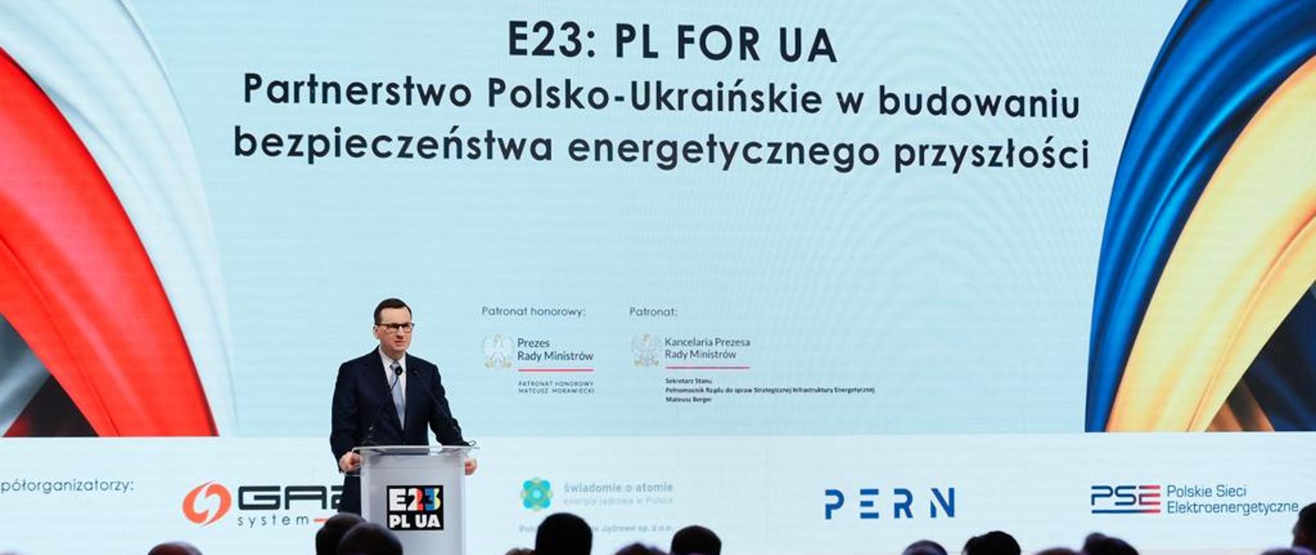 Premier Mateusz Morawiecki podczas konferencji #E23: PL for UA w Warszawie.