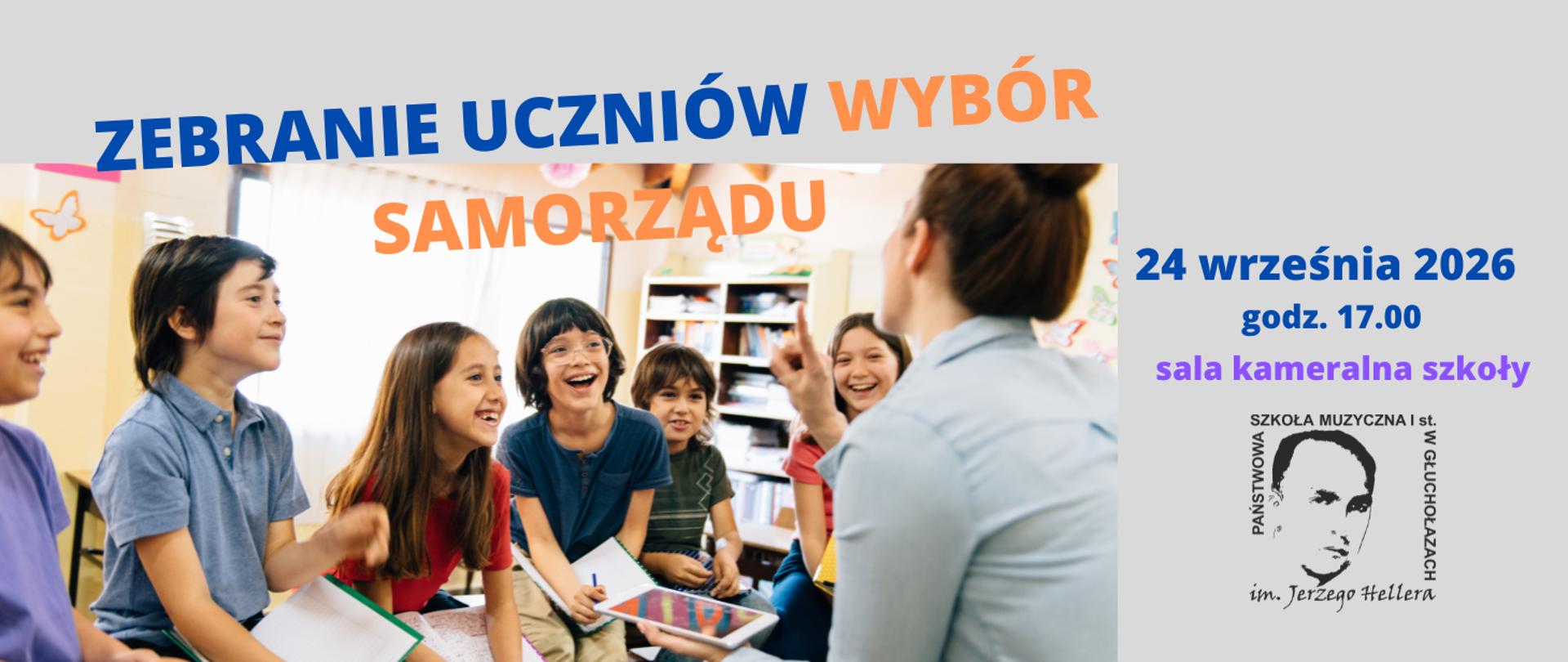 Tło fioletowe od góry z lekkim lewostronnym pochyleniem granatowa czcionka napis zebranie uczniów czcionka w kolorze cegły wybór samorządu po prawej stronie mniejsze litery 24 września 2026 godzina 17:00 kolor fioletowy sala kameralna szkoły poniżej transparentne czarne logo szkoły twarz patrona opisana w kwadracie po obrzeżach nazwa szkoły z lewej strony oraz centralnie kolorowe zdjęcie przedstawiające dzieci w wieku lat 8 do 10 w kolorowych koszulkach uśmiechnięci wraz z panią nauczycielką w niebieskiej koszuli prowadzącą zebranie.