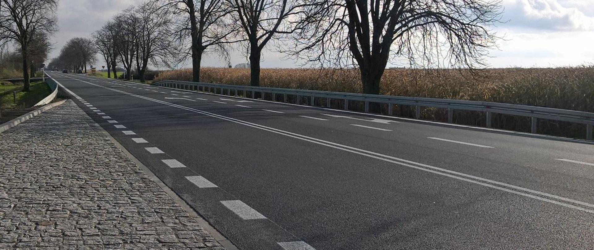 Zdjęcie przedstawia drogę krajową w okresie letnim, nawierzchnia sucha, czarna. Po lewej stronie wjazd na zatokę autobusową, po prawej w oddali pole kukurydzy.