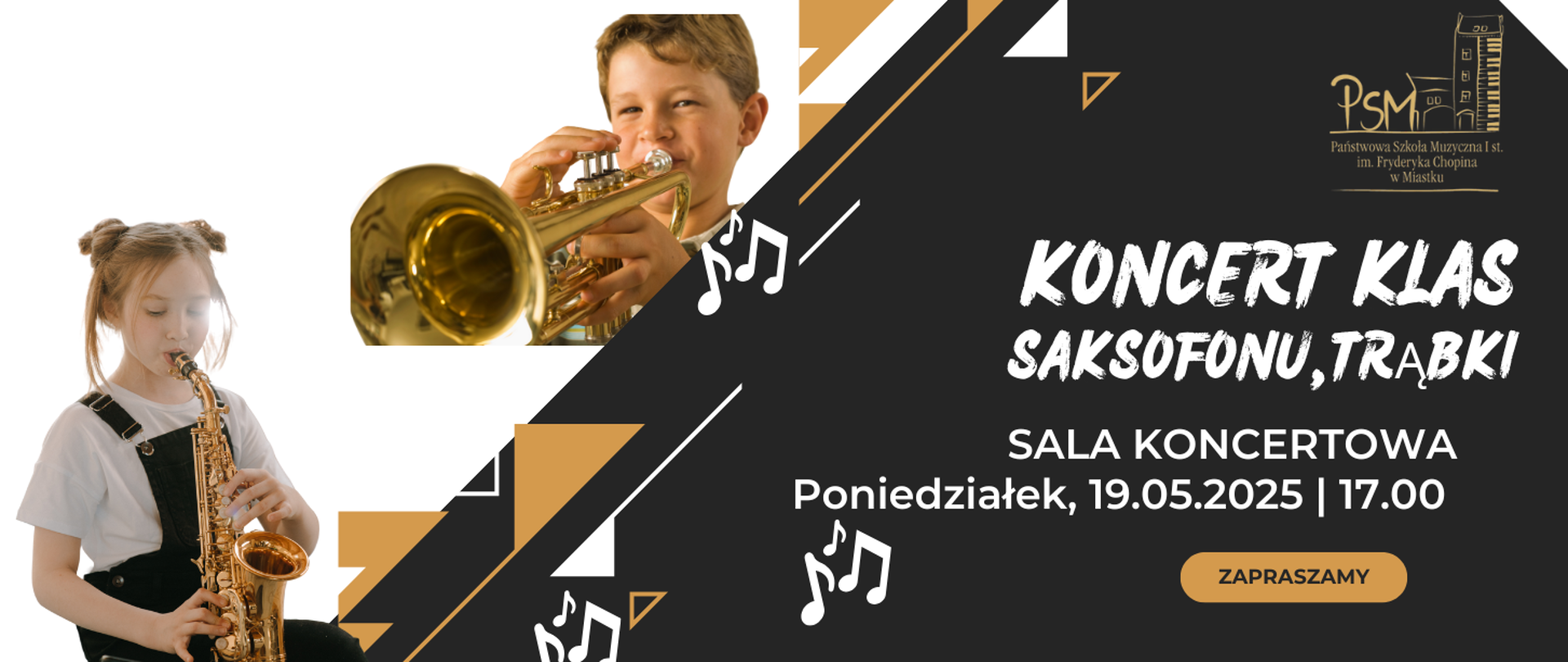 Grafika informująca o koncercie uczniów klas saksofonu, trąbki, 19 maja 2025 roku o godz. 17:00 w sali koncertowej naszej szkoły.