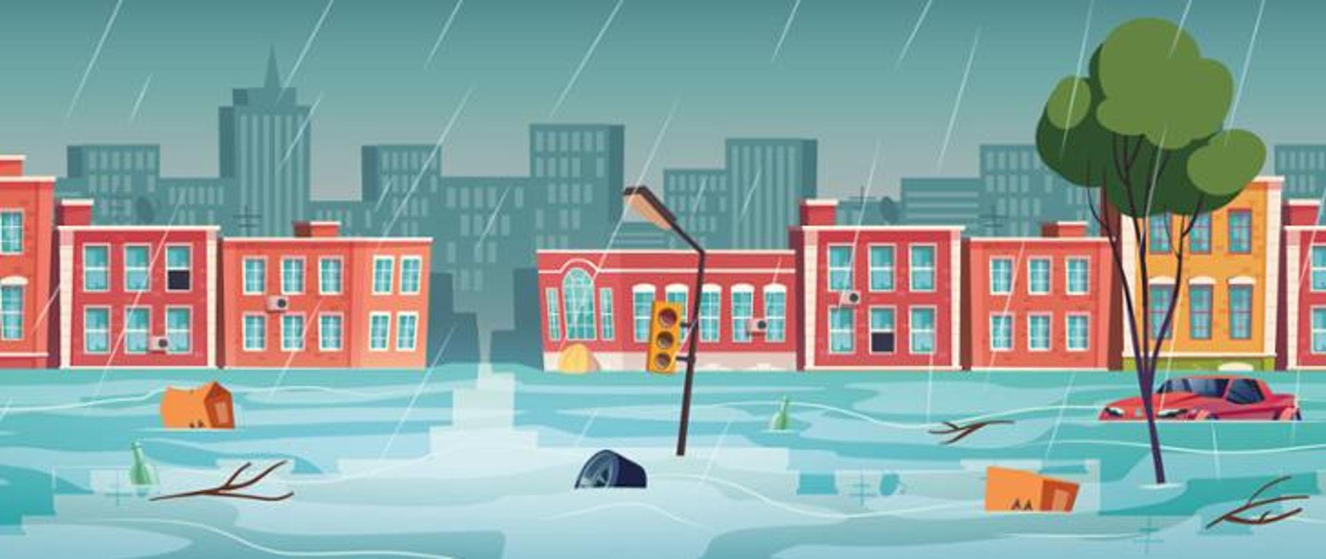 Zdjęcie przedstawia krajobraz miasta podczas powodzi