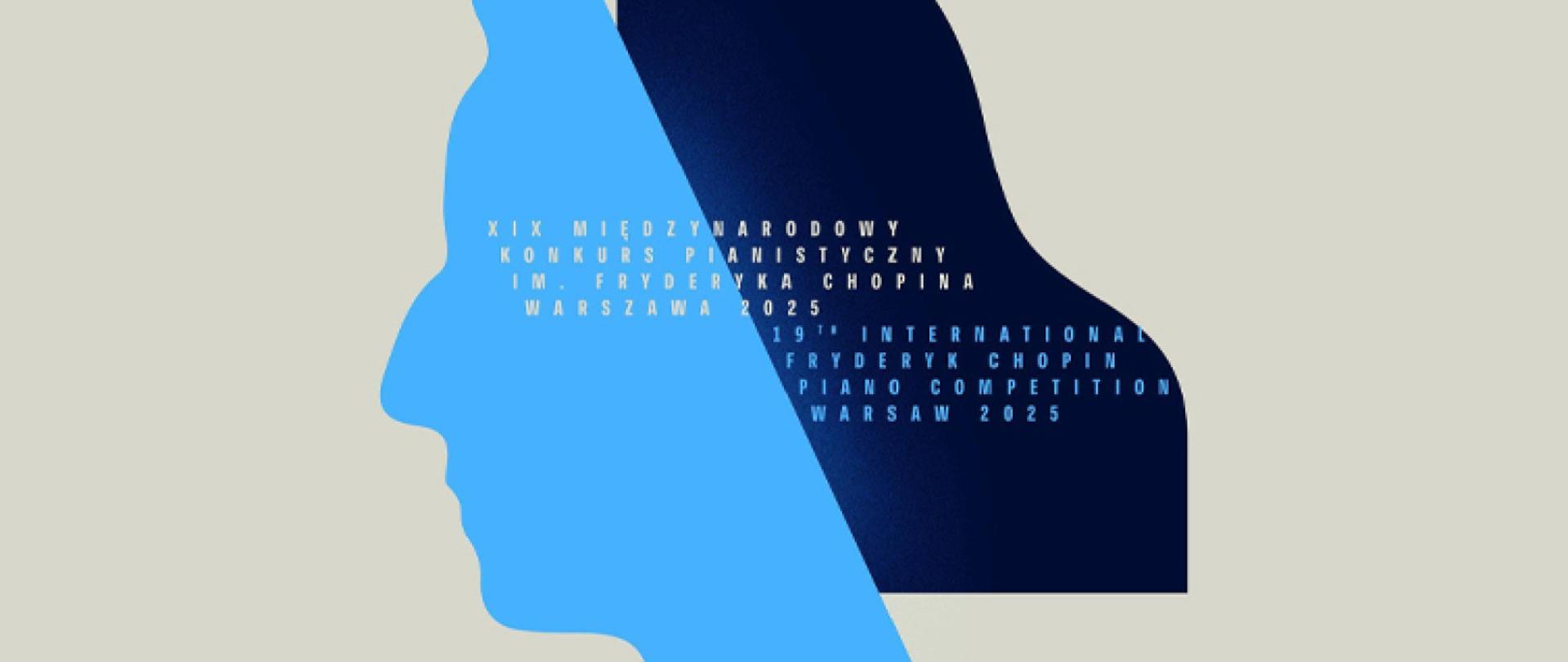 logo XIX Międzynarodowego Konkursu Pianistycznego im. F. Chopina - napis po polsku i angielsku na tle profilu kompozytora połączonego z kształtem pudła fortepianu widzianego z góry