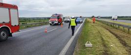 Droga ekspresowa S5. Na jezdni widoczne dwa pojazdy straży pożarnej, radiowóz policyjny oraz samochód służby drogowej, a także strażacy i policjant. Na pasie zieleni pracownik służby drogowej. 