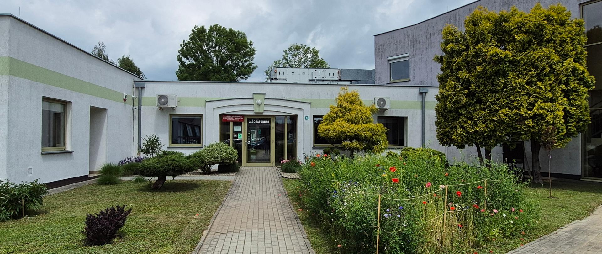 Wejście do białego budynku OCL w Rzeszowie, przed budynkiem chodnik, łąka kwietna, krzewy i drzewa. 