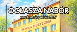 Plakat Rekrutacyjny jest w kształcie Prostokąta
Tło plakatu stanowi zdjęcie budynku szkoły i rysunkiem pary rodziców z dzieckiem zmierzających do budynku. W ręku dziecka widać skrzypce. Barwy tego zdjęcia to żółty, brąz, beż.
Pod napisem Państwowa Szkoła Muzyczna I st.im.Jana Sebastiana Bacha w Grajewie widnieje napis z dużych białych liter OGŁASZA NABÓR i pod spodem z małych liter na rok szkolny 2026/2027
Na środku umieszczony jest napis ,, zapraszamy do nauki na instrumentach”
A pod napisem wypisane instrumenty: saksofon, klarnet, trabka, flet, fortepian , gitara, skrzypce, wiolonczela, akordeon , perkusja.
Na dole kartki , na żółtym pasku umieszczone są informacje z małych, granatowych liter o treści:
www.gov.pl/web/psmgrajewo sekretariat@psmgrajewo.pl tel.86 272 2582
