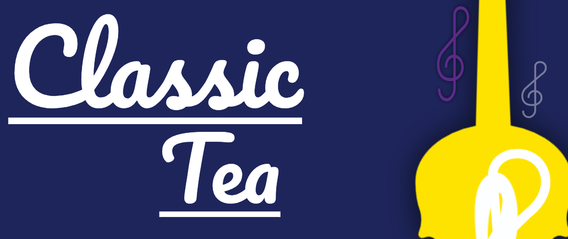 Granatowe tło, grafika kluczy wiolinowych i instrumentów, tekst dotyczący koncertu z cyklu Classic Tea w Gaude Mater, 16.10.2025