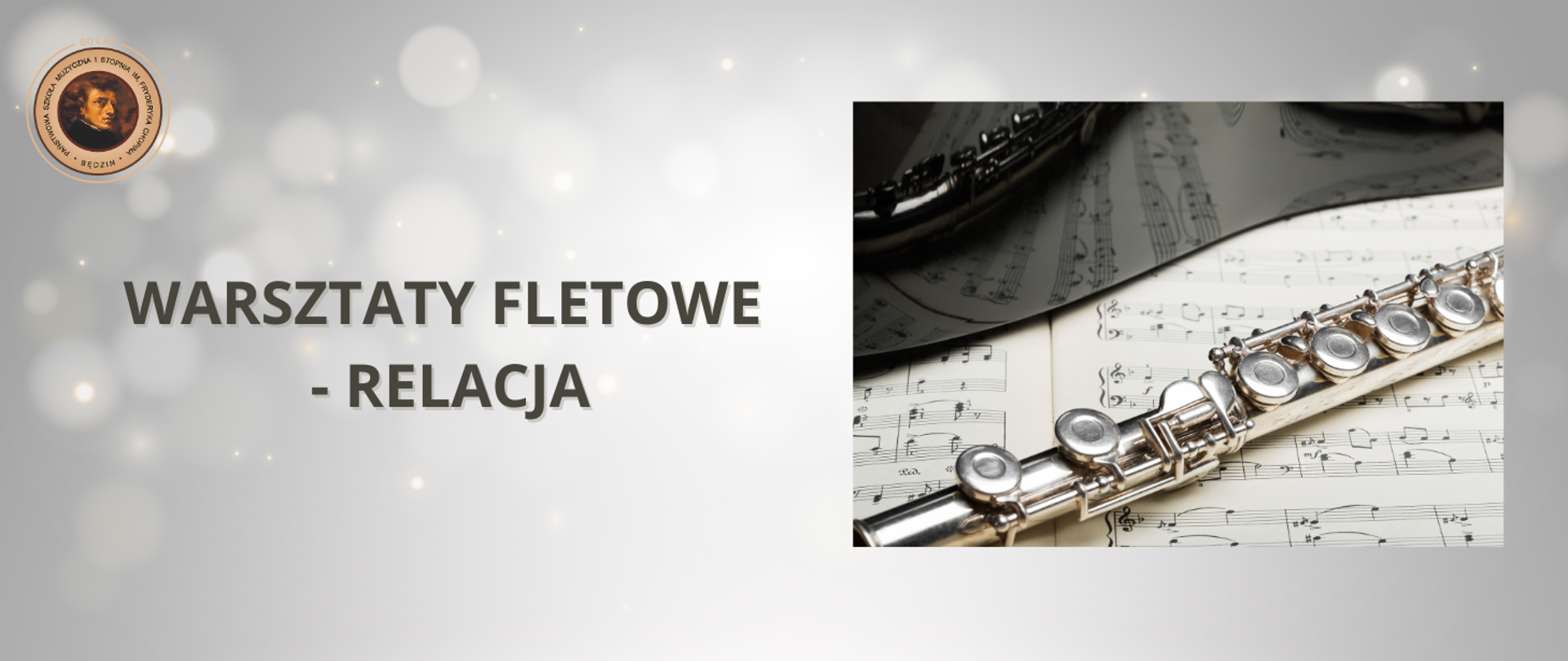baner na szarym tle, po prawej zdjęcie fletu na nutach, po lewej napis i logo szkoły