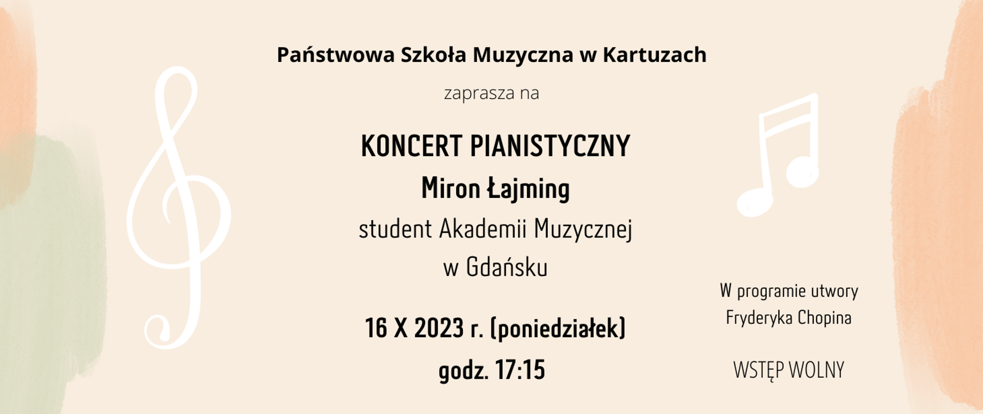 Informacja o koncercie na beżowym tle, widoczny biały klucz wiolinowy i dwie szesnastki
