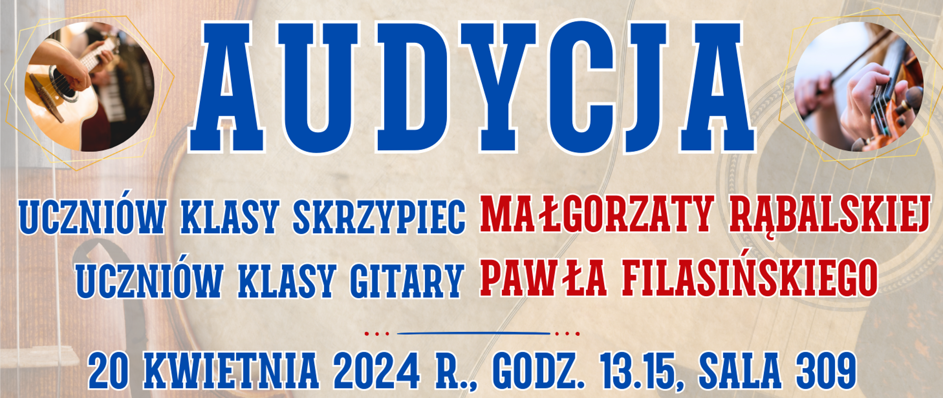 kolorowe tło z półprzezroczystymi skrzypcami i gitarą oraz informacja o wydarzeniu