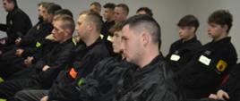 W świetlicy komendy powiatowej PSP siedzą słuchacze szkolenia podstawowego strażaka ratownika OSP. Są to druhny i druhowie z powiatu rawickiego. Wszyscy mają na sobie ciemne ubrania koszarowe. Niektórzy z nich trzymają na kolanach notatniki.