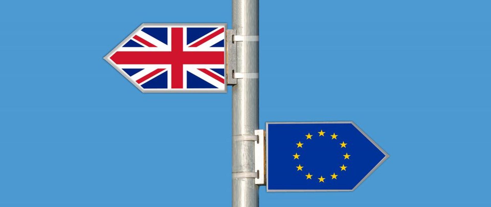 brexit - flaga Wielkiej Brytanii i Unii Europejskiej skierowane w przeciwnym kierunku