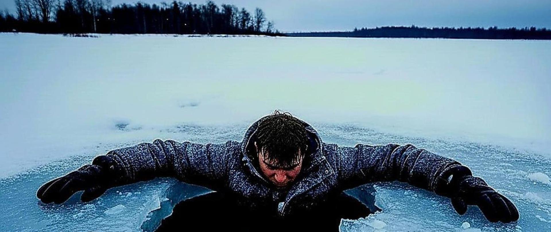 Zdjęcie przedstawia mężczyznę, który wpadł do lodowatej wody przez przerębel na zamarzniętym jeziorze. Opiera się ramionami o krawędzie pękniętego lodu i próbuje utrzymać się na powierzchni. Ma na sobie zimową kurtkę i rękawice, jego głowa jest pochylona, a sytuacja wygląda na niebezpieczną. W tle widać rozległą, ośnieżoną taflę jeziora oraz linię drzew pod pochmurnym, zimowym niebem.