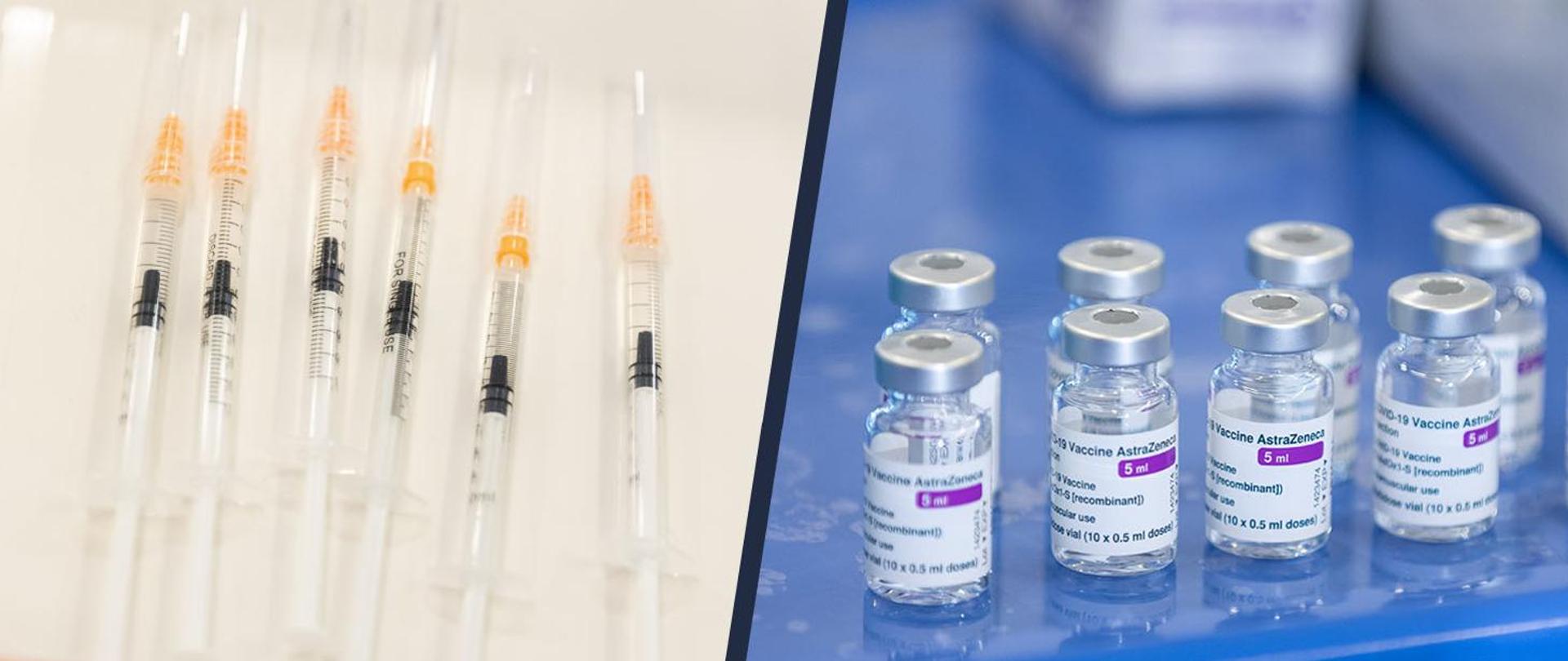 Zdjęcie przestawia strzykawki oraz fiolki ze szczepionką firmy AstraZeneca